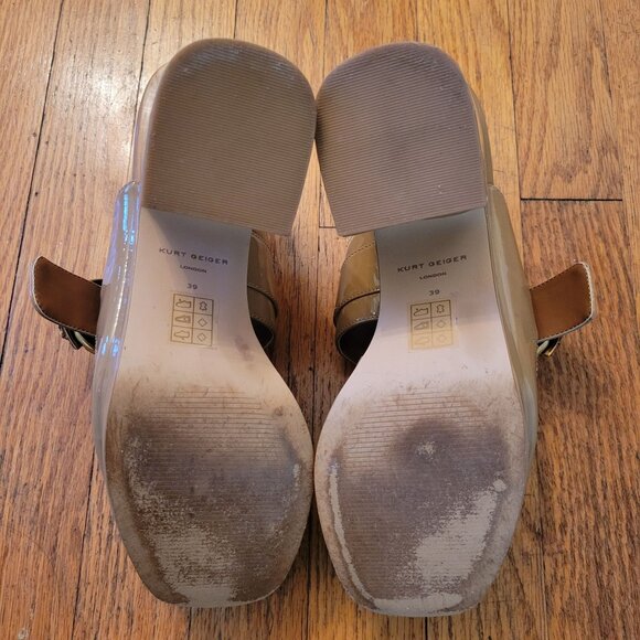Kurt Geiger 8.5 Patent Leather Beige Platform Heeled Sandals Gold Eagle Buckle - Picture 5 of 13